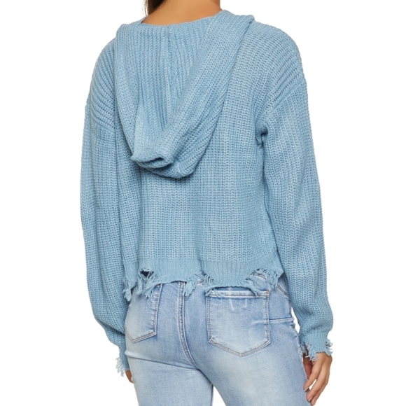 NWT Light Blue Distressed Hooded Sweater - Picture 2 of 9